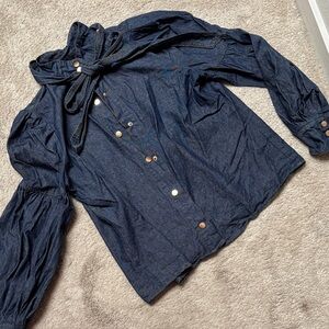 Women's Navy Denim Button-Up Shirt with Tie Neck